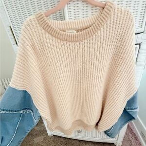Debut Dreamers  Cream Knit Sweater with Denim Sleeve Panels